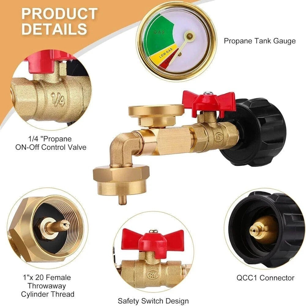 1Lb to 20Lb Propane Refill Adapter with Gauge and ON/OFF Valve
