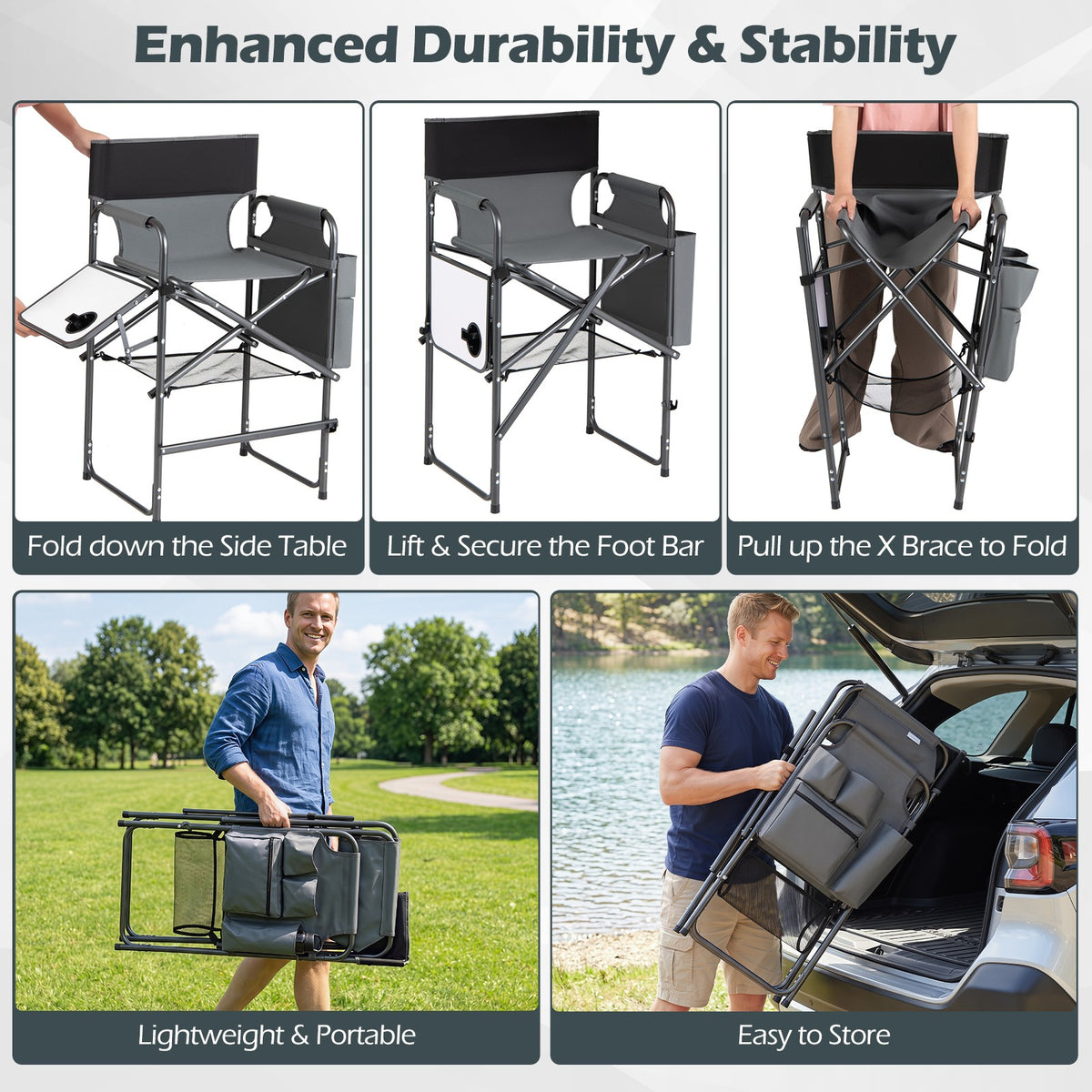 26-Inch Folding Director Chair with Side Table and Cup Holders – Portable Makeup & Styling Chair