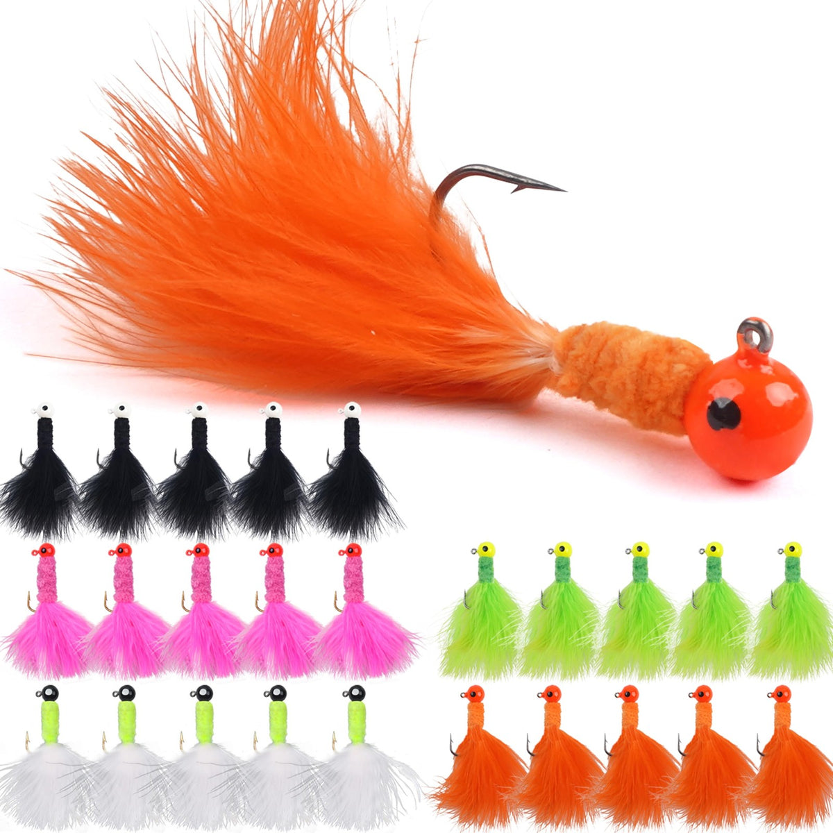 Crappie Fishing Jig Heads Kit - 25pcs Bright Feather & Steel Hooks
