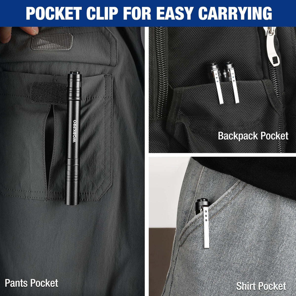 WORKPRO LED Pen Light 4 Pack Aluminum Pocket Flashlights with Clip & Rubber Switch