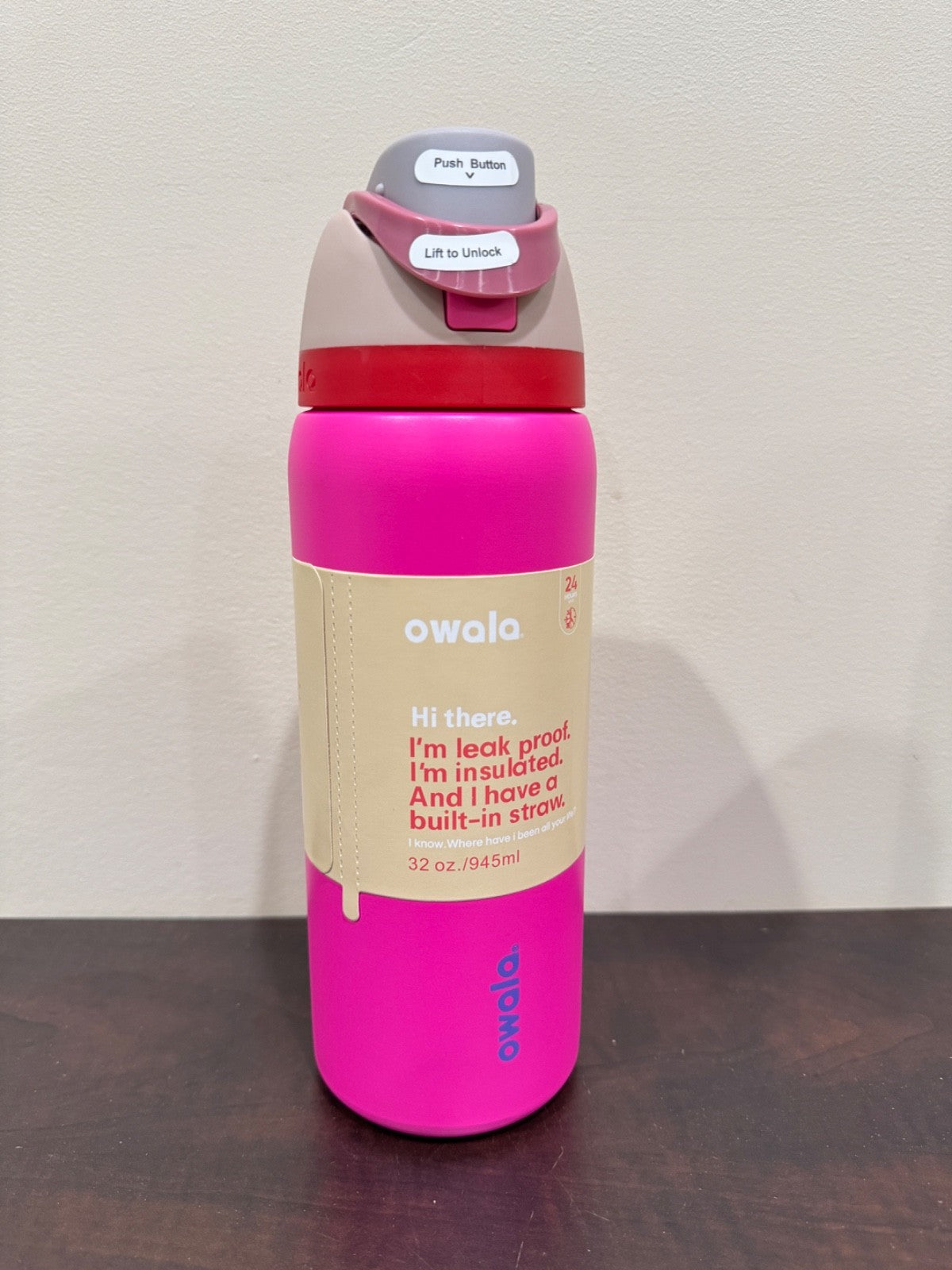32oz Stainless Steel Water Bottle with Leak Proof Straw - Hot Pink