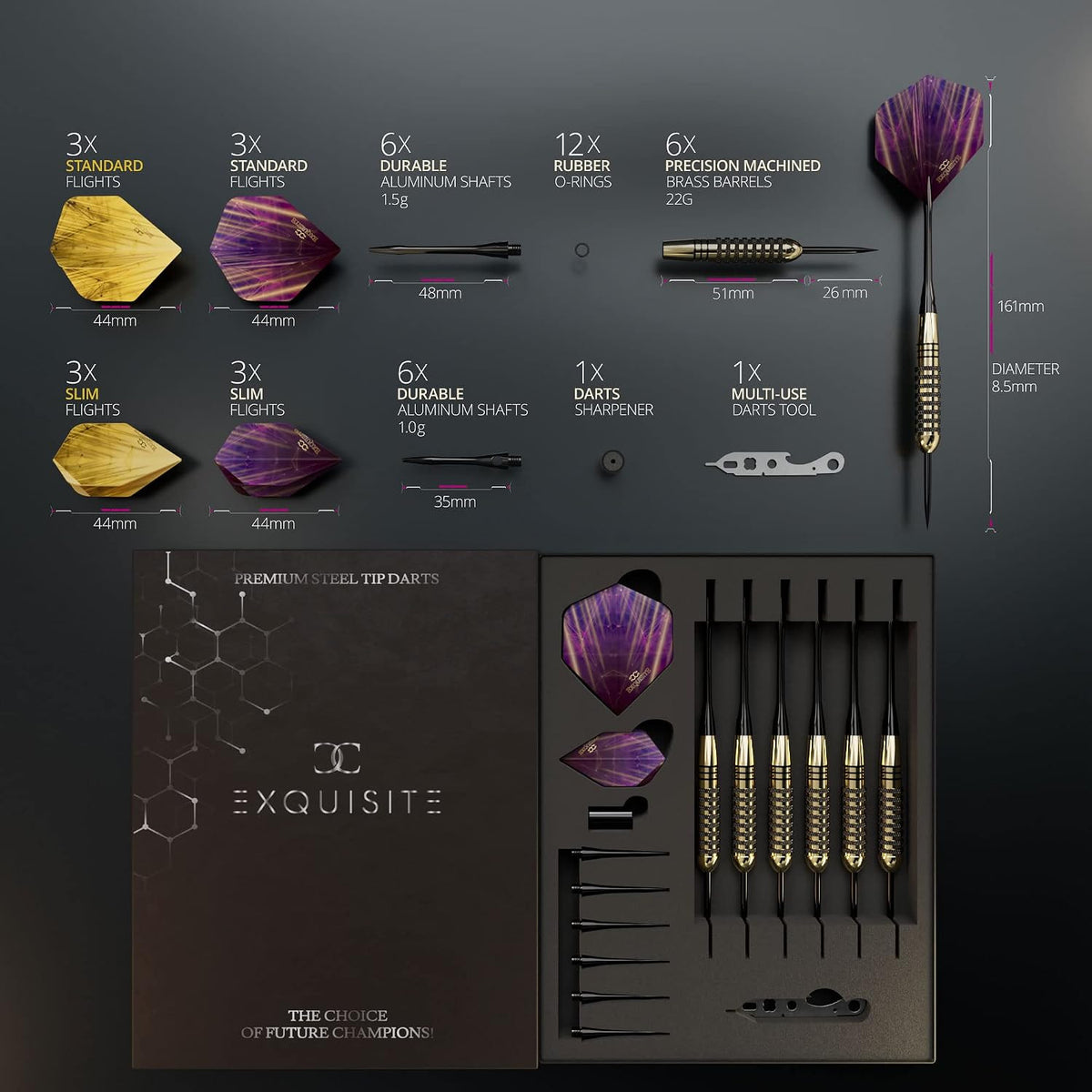 Premium Brass Darts Set — 6x22g Brass Barrels, Aluminum Shafts, Flights, Case