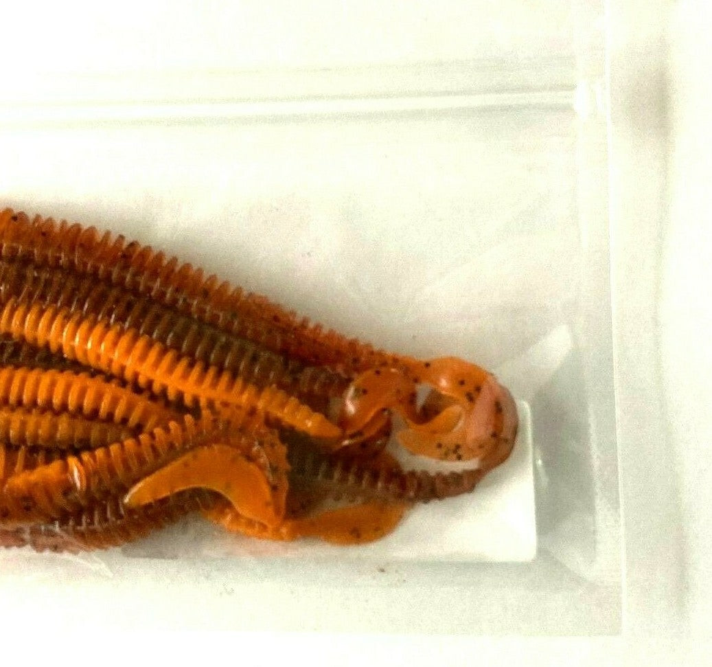 2 Pack Ribbed Curly Tail Worm Bait Set for Fishing - Brown & Orange Pepper Flake Colors