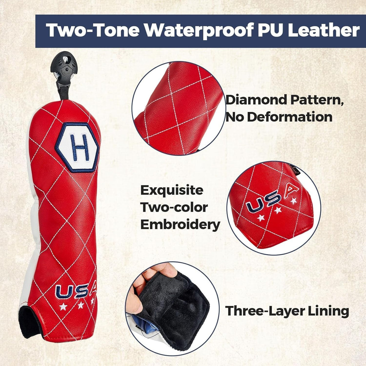 Waterproof USA Golf Hybrid Headcover Red White Blue Embroidered Durable PU Leather