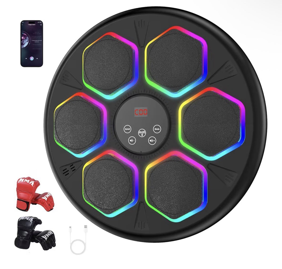 Bluetooth Wall Boxing Trainer with LED Lights & Gloves - 12 Modes