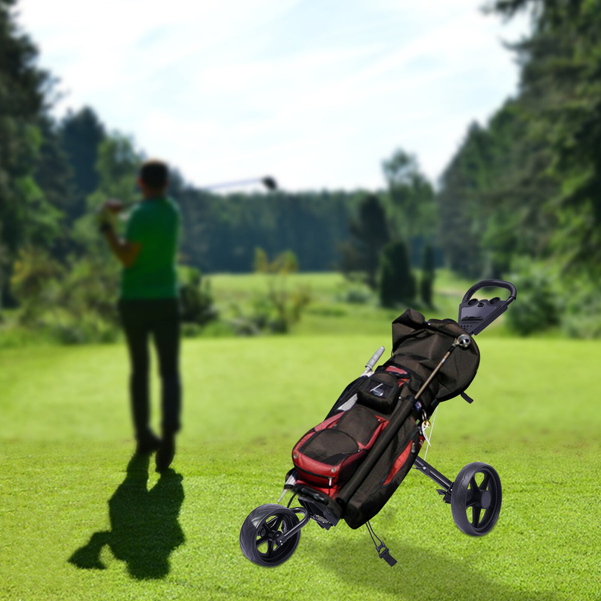 3-Wheel Foldable Golf Push Cart with Foot Brake & Cup Holder
