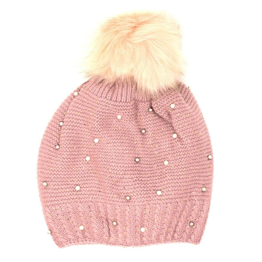 Women's Winter Cable Knit Beanie Hat with Pom Pom Fur Lining Warm Accessory