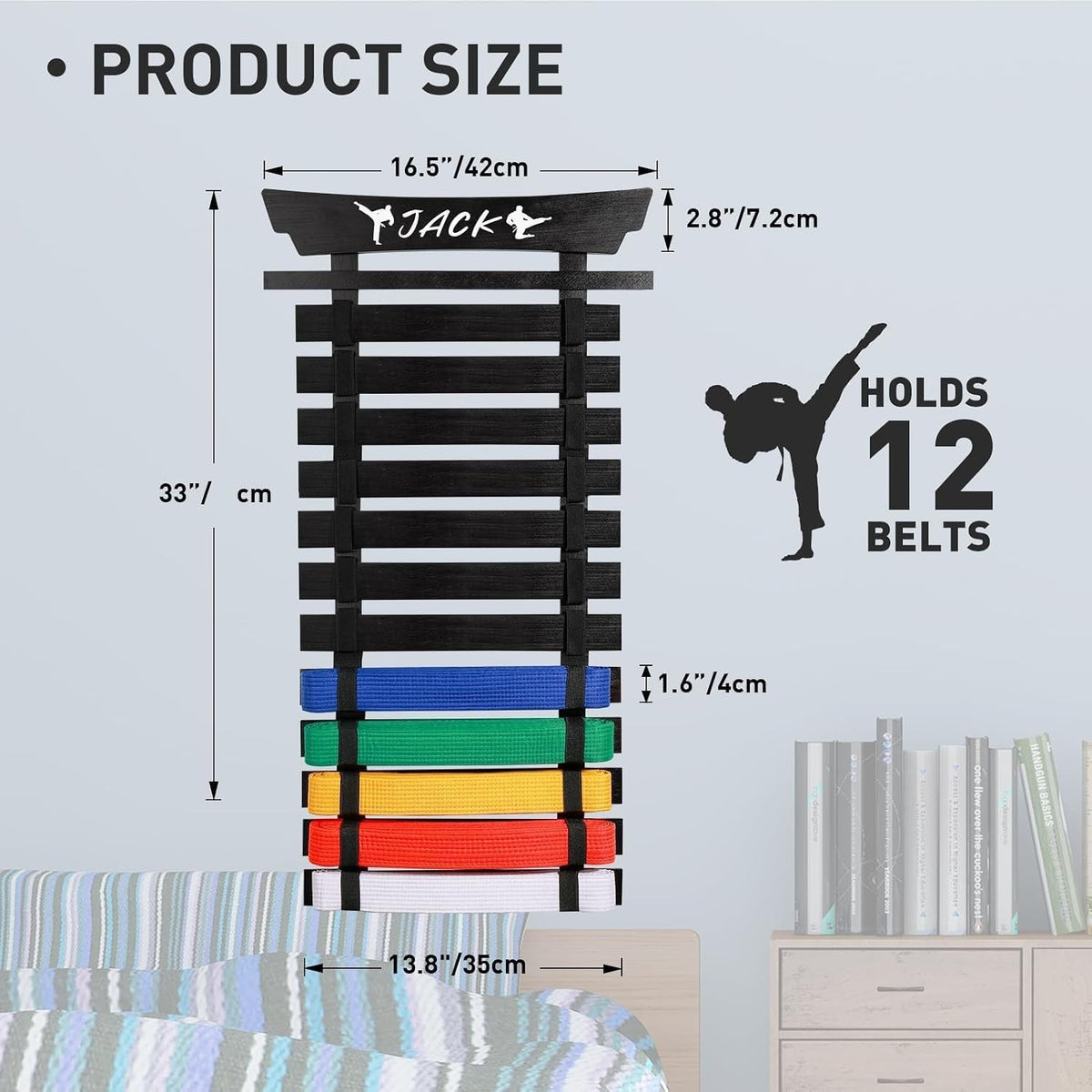 Wall-Mounted Martial Arts Belt Display Rack with Stickers for All Styles
