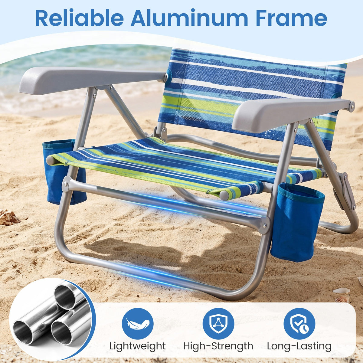 Portable Folding Beach Chair with Cooler Bag & Adjustable Backrest