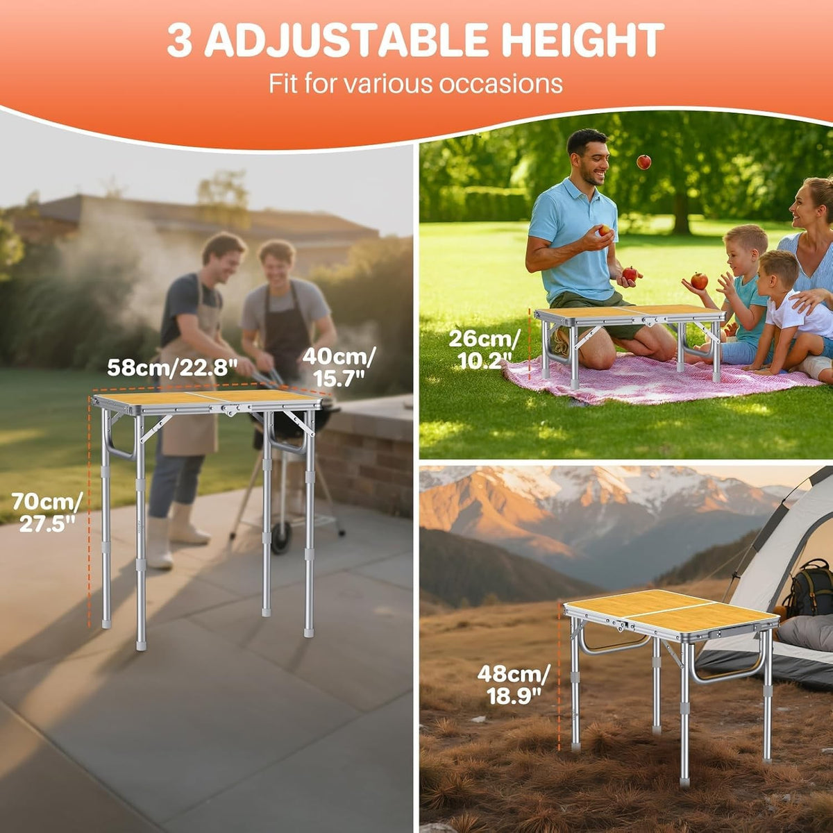 2ft Folding Camping Table with Adjustable Heights and Carry Handle