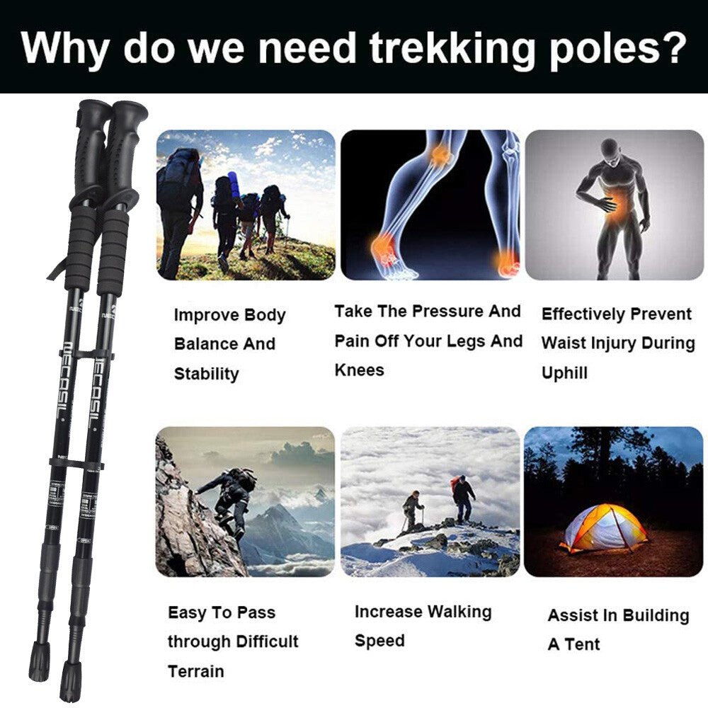 Lightweight Telescoping Hiking Poles with Adjustable Locking System - Collapsible Trekking Sticks