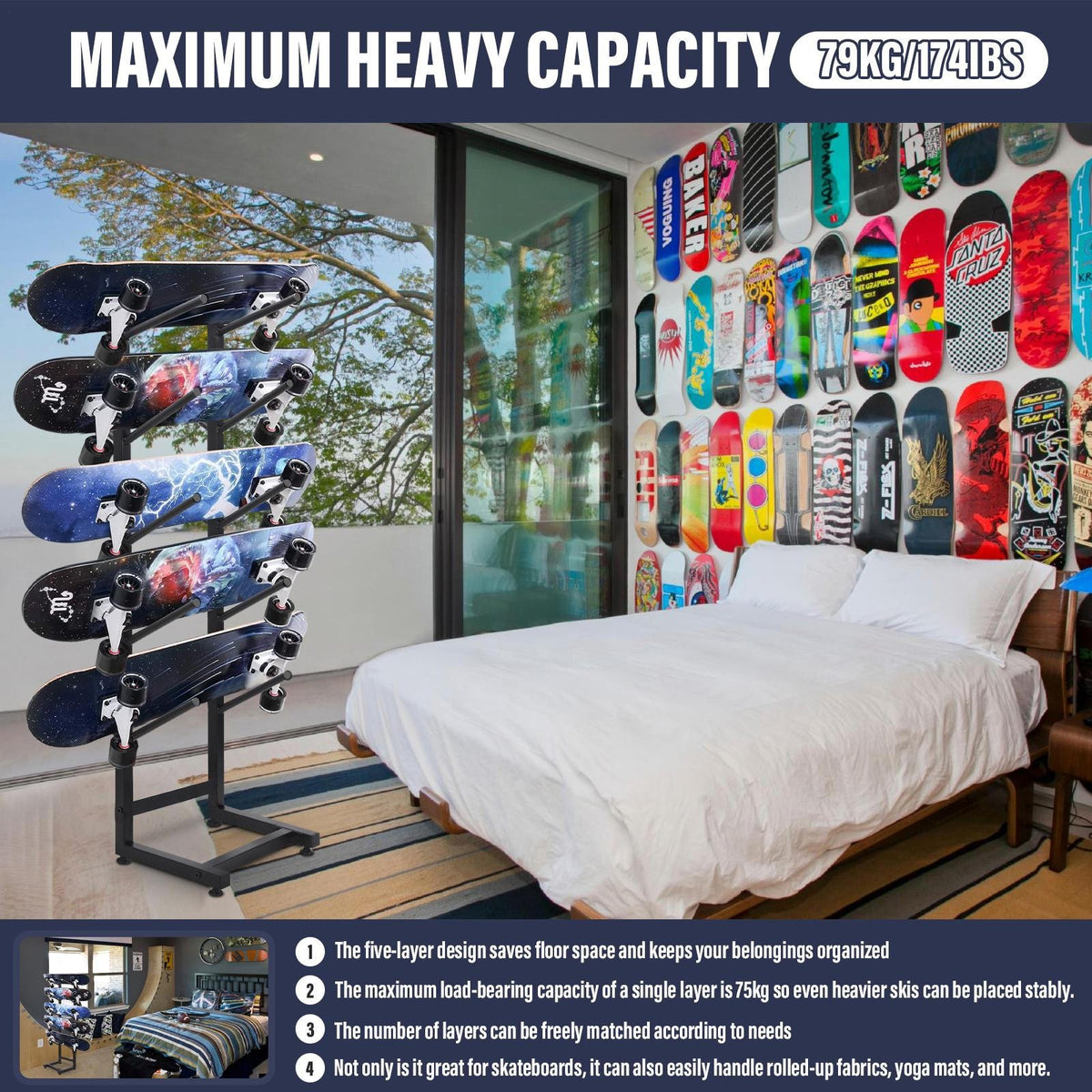 5-Tier Freestanding Snowboard and Skateboard Storage Rack Display Stand