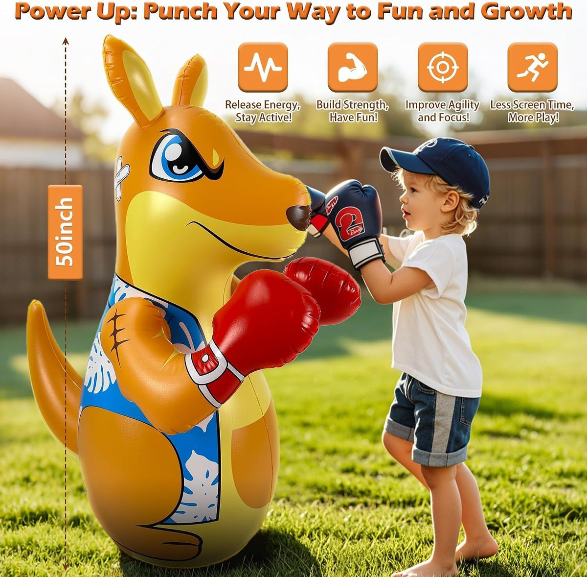 Kangaroo-Themed Inflatable Punching Bag for Kids, Active Sensory Play, 50 Inches