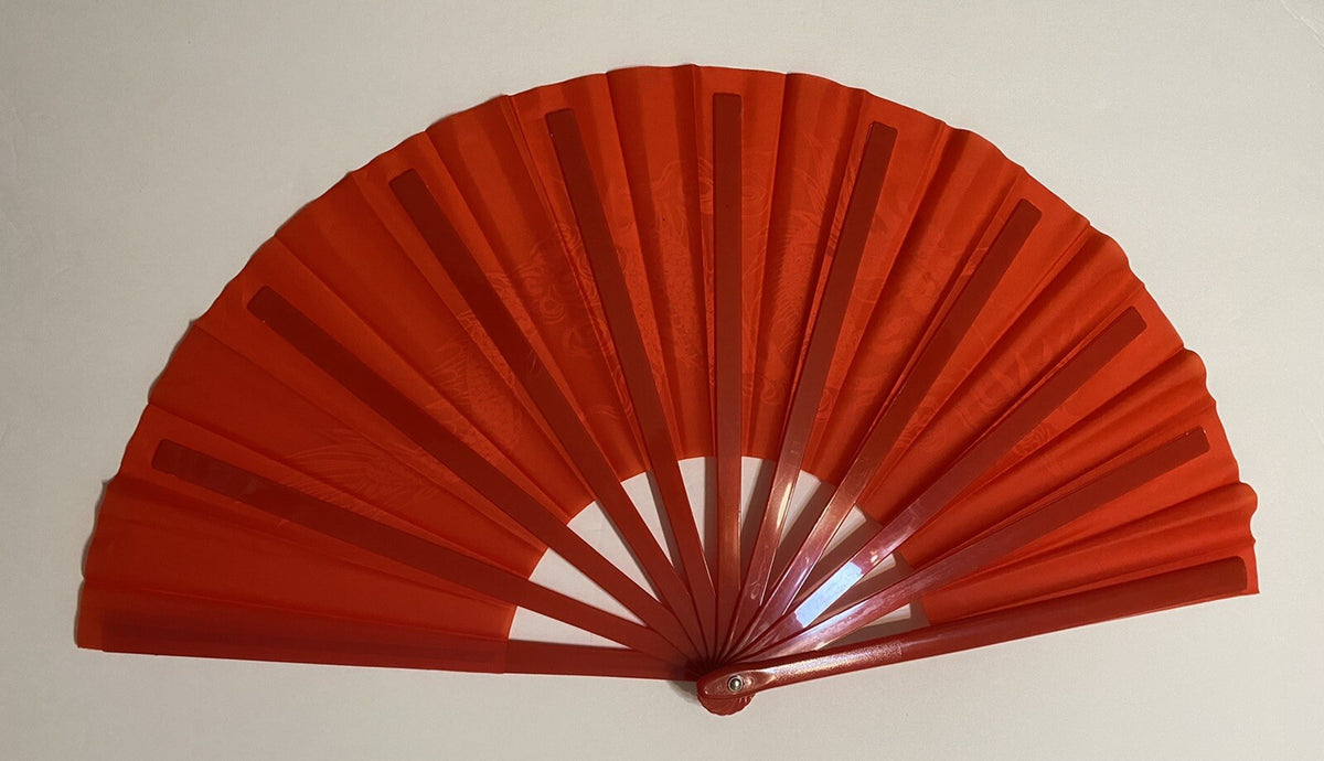 Red Plastic Kung Fu Tai Chi Training Fan - Dragon & Phoenix Design