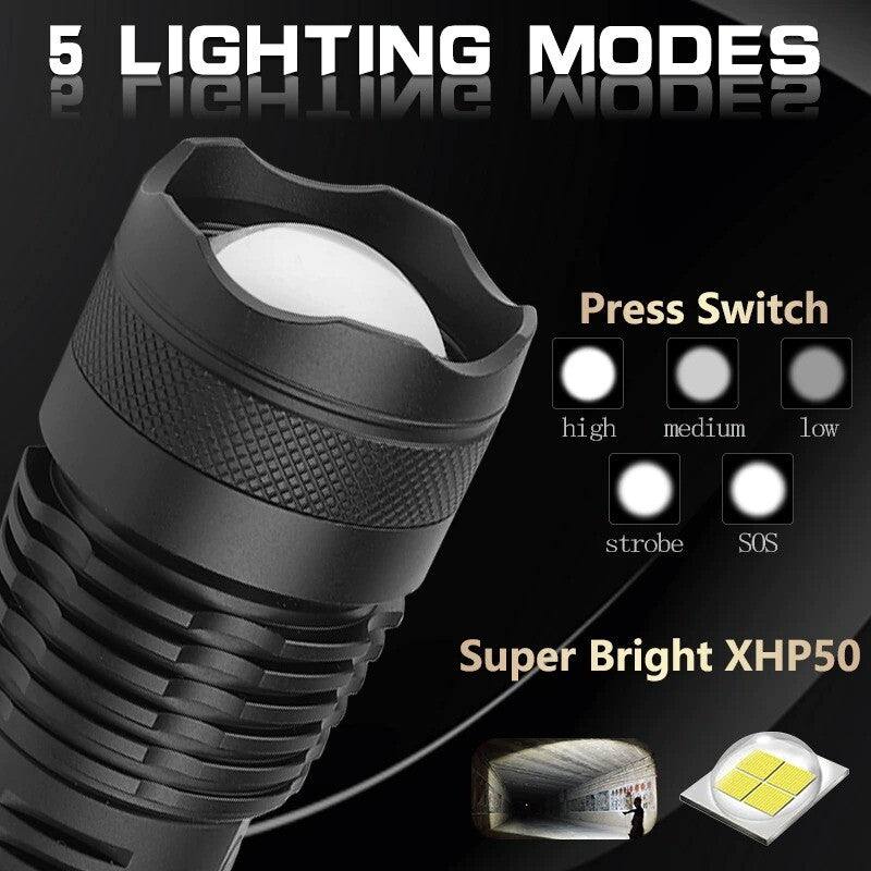 Super-Bright 90000LM LED Tactical Flashlight with Rechargeable Battery, Waterproof IPX-6, Zoomable for Hunting, Search & Rescue