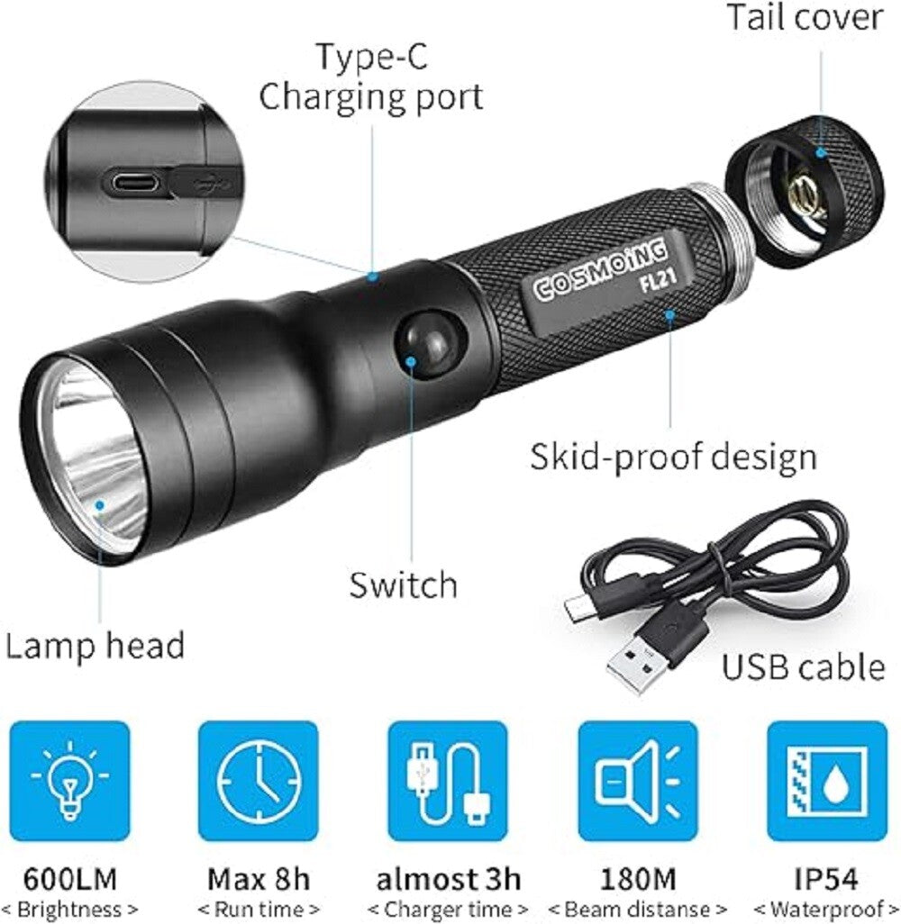 600 Lumen USB C Rechargeable LED Flashlight Waterproof Handheld Torch