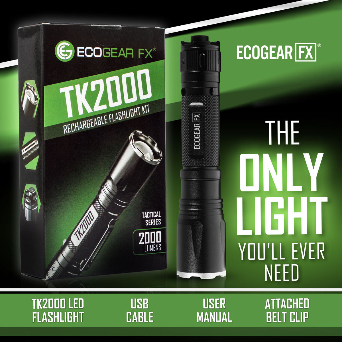 USB Rechargeable LED Tactical Flashlight 2000 Lumens with Zoom