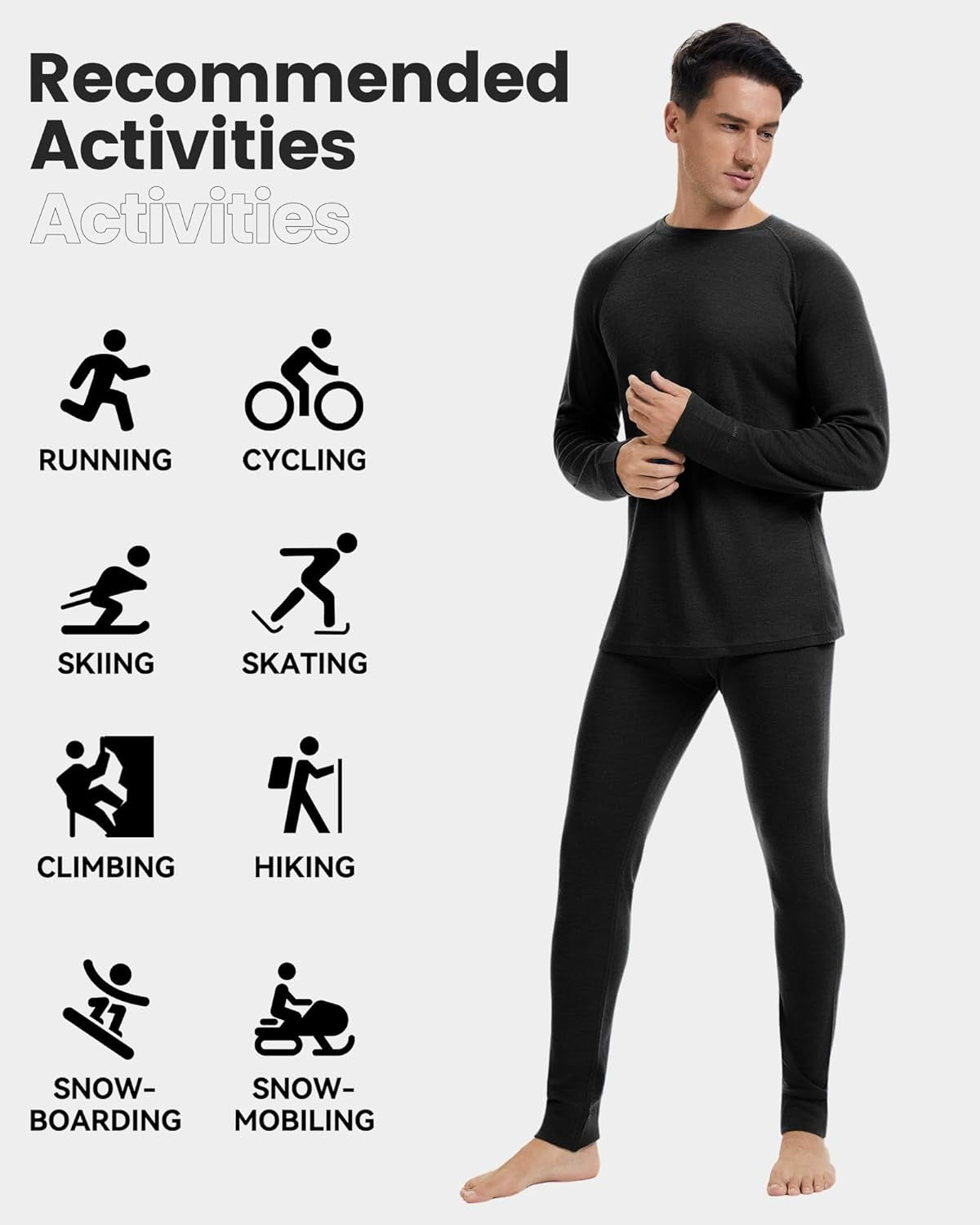 Men's Merino Wool Base Layer Set Thermal Underwear Midweight S-XL