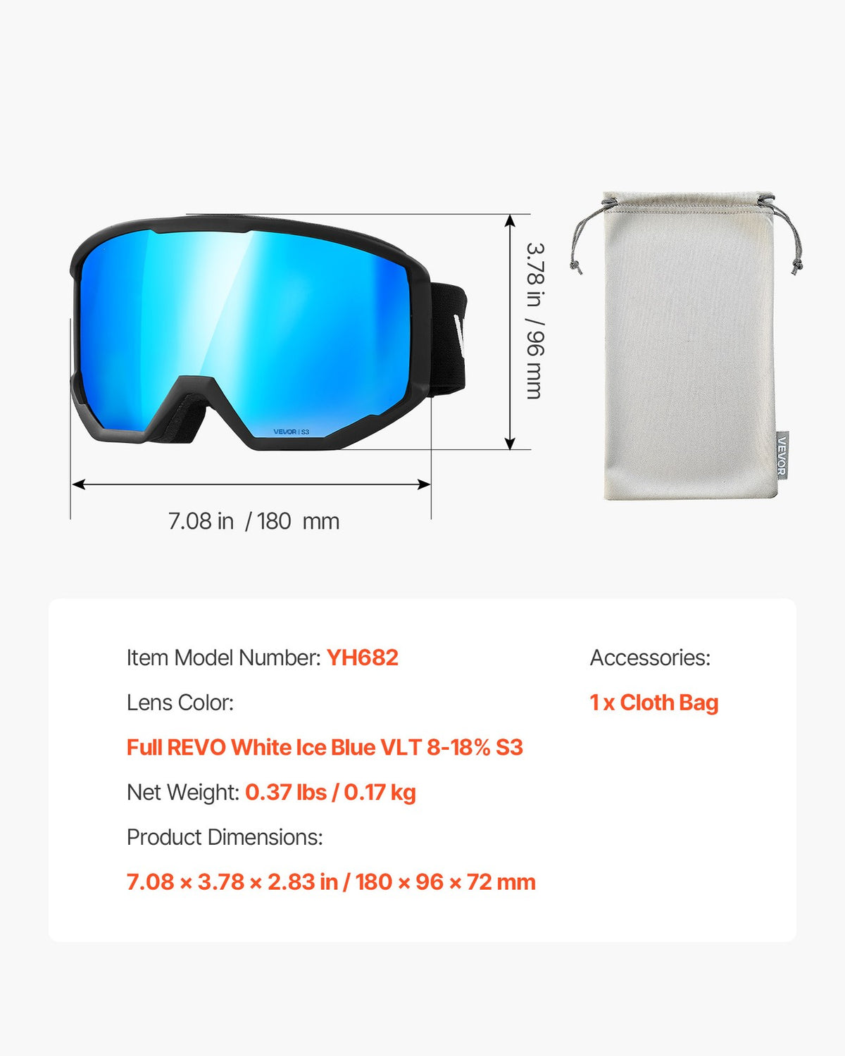 Ski Goggles with Cylindrical Lens & Ice Blue Revo Coating - Snowboard & Ski Gear