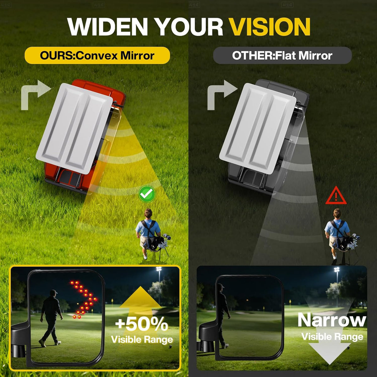 Universal Golf Cart Rear View Mirrors with Turn Signal Lights, Folding Side Mirrors for Club Car EZGO Yamaha Kandi