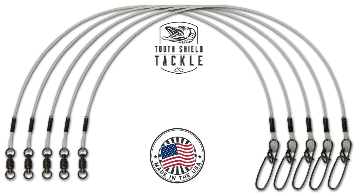 Musky Pike Fluorocarbon Leaders 5 Pack with Snaps and Swivels - Heavy Duty Tackle
