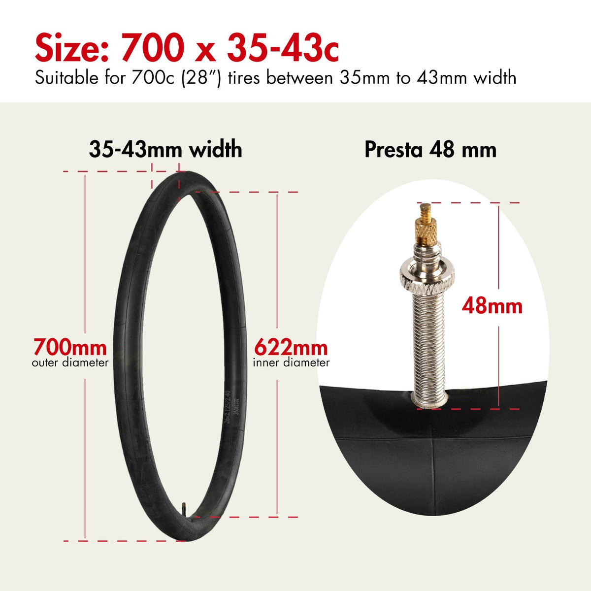 28-Inch Bicycle Inner Tube 700x35-43C with Presta Valve Set of 4