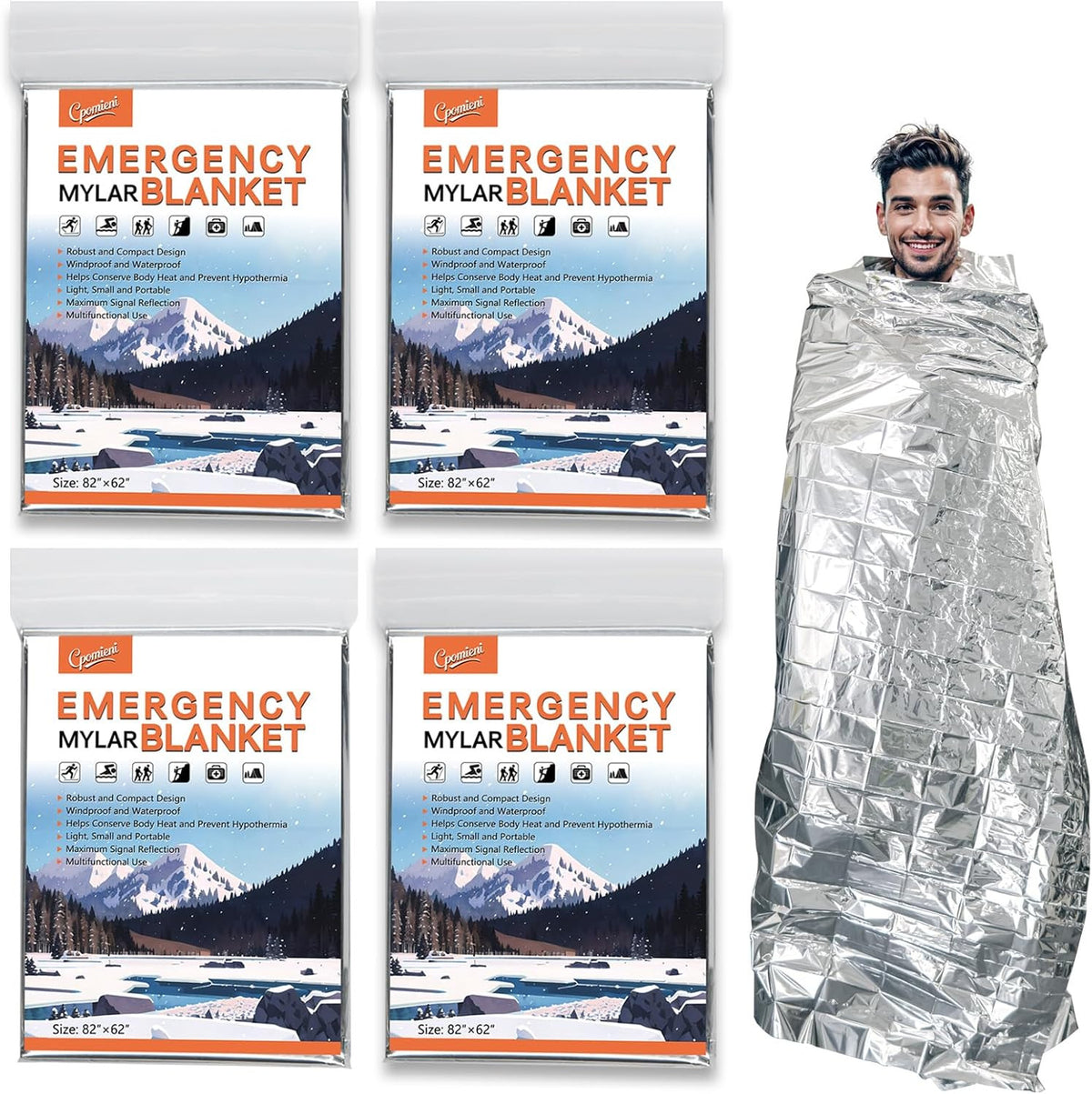 Large 82 x 62 Inch Emergency Mylar Survival Thermal Blanket - Pack of 4