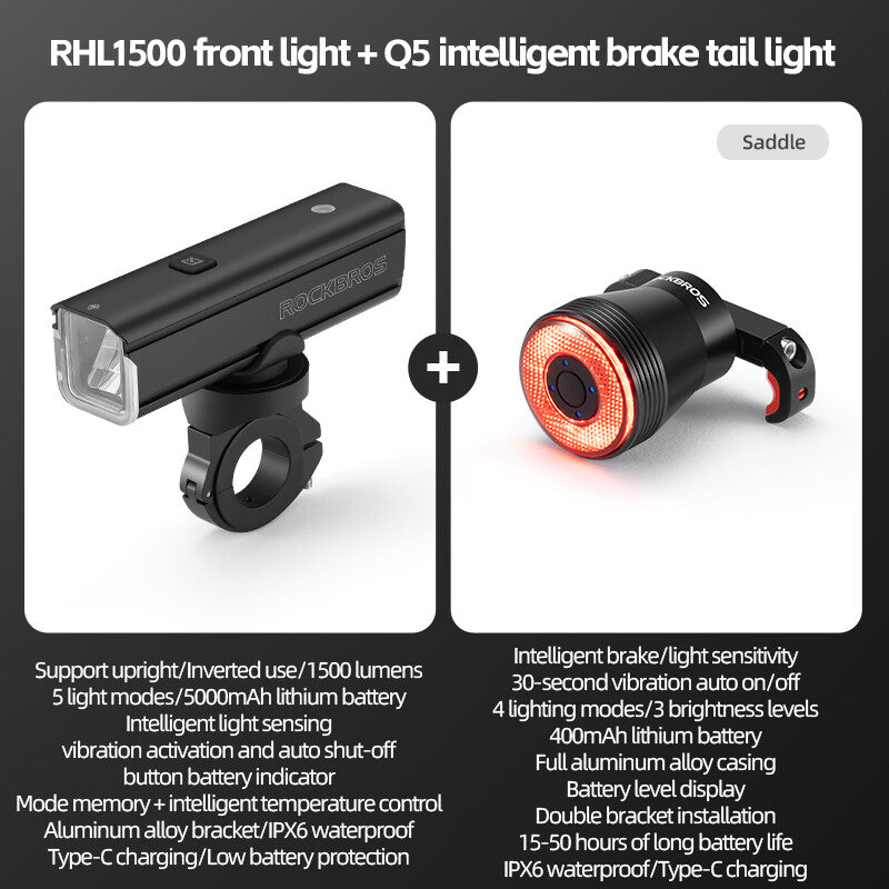 High Brightness Bike Front & Rear Light Set USB-C LED Headlight 1500LM