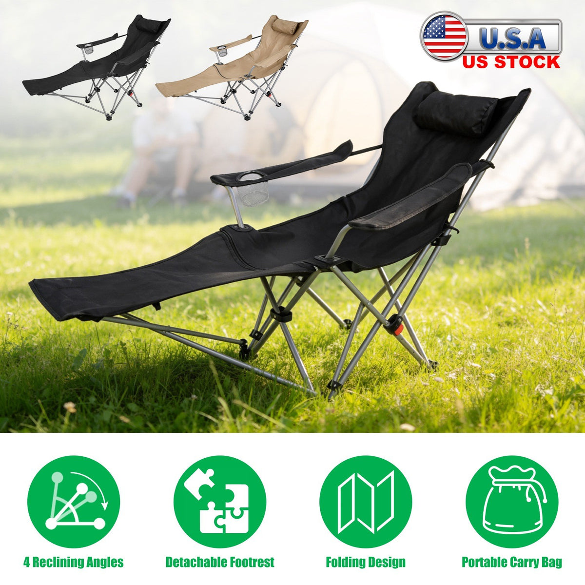Reclining Camping Chair with Canopy & Footrest - Folding Outdoor Seat