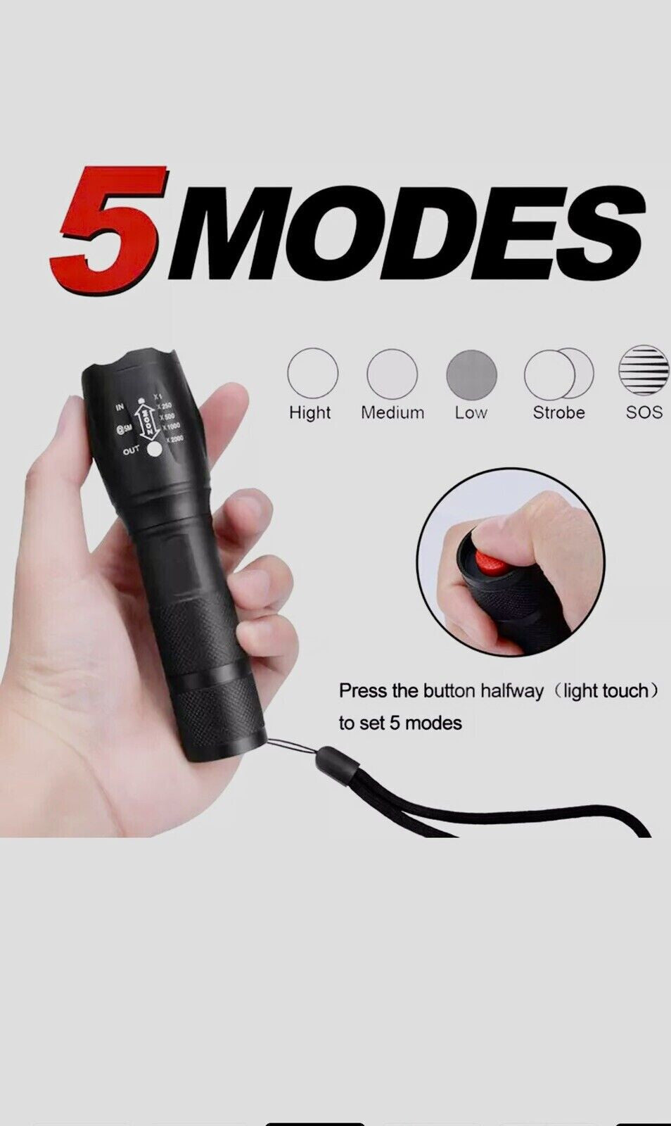 Super Bright Tactical LED Flashlight with Zoom and Safety Modes