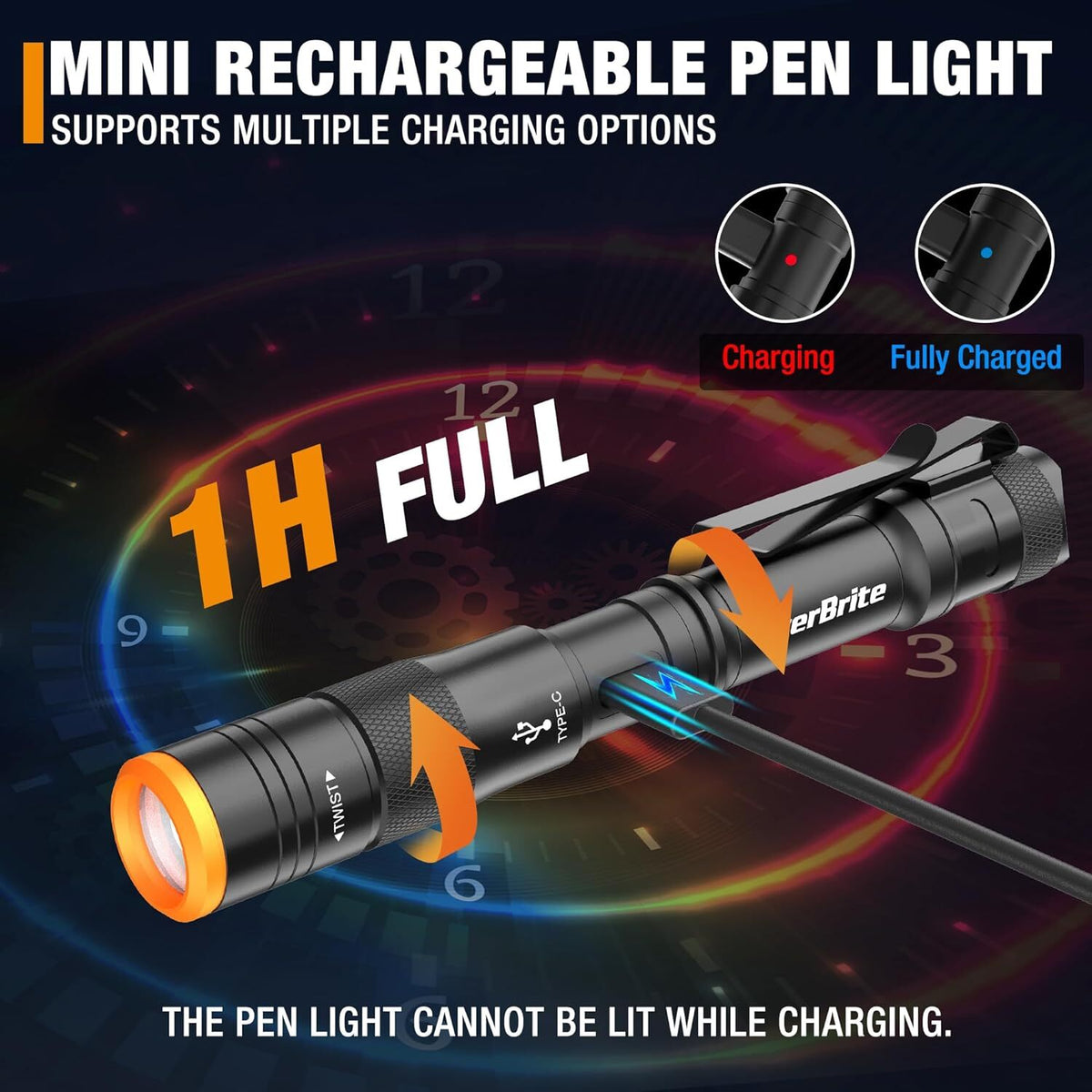 Rechargeable Mini Pen Light with USB-C, 300 Lumens, Clip, Black