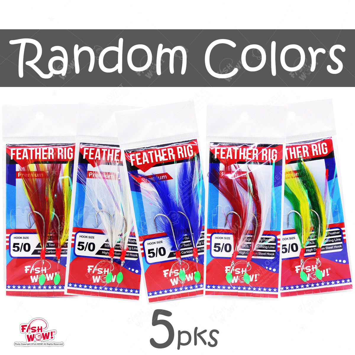 Fishing Rockfish Feather Rig 2-Hook Set - 5 Pack Random Colors
