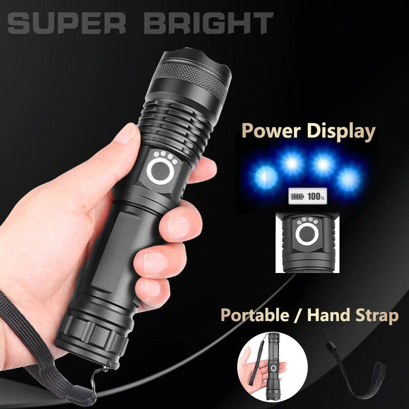 90000LM High Brightness LED Tactical Flashlight with Rechargeable Battery