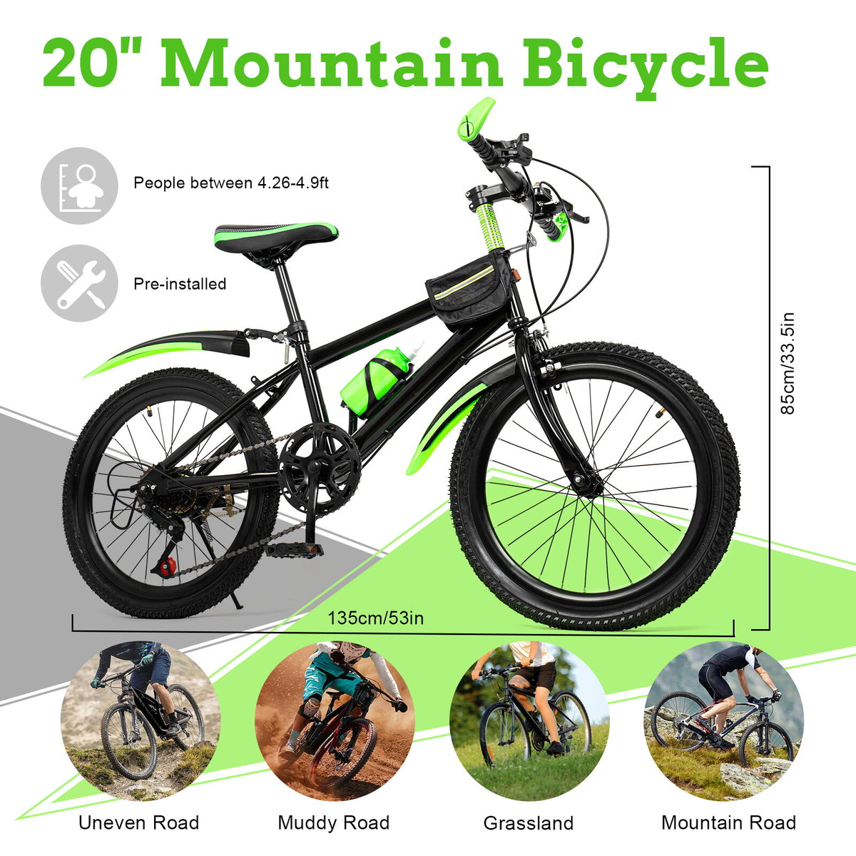Kids Mountain Bike 20 Inch Bicycle with Adjustable Seat Multi-Speed Gears