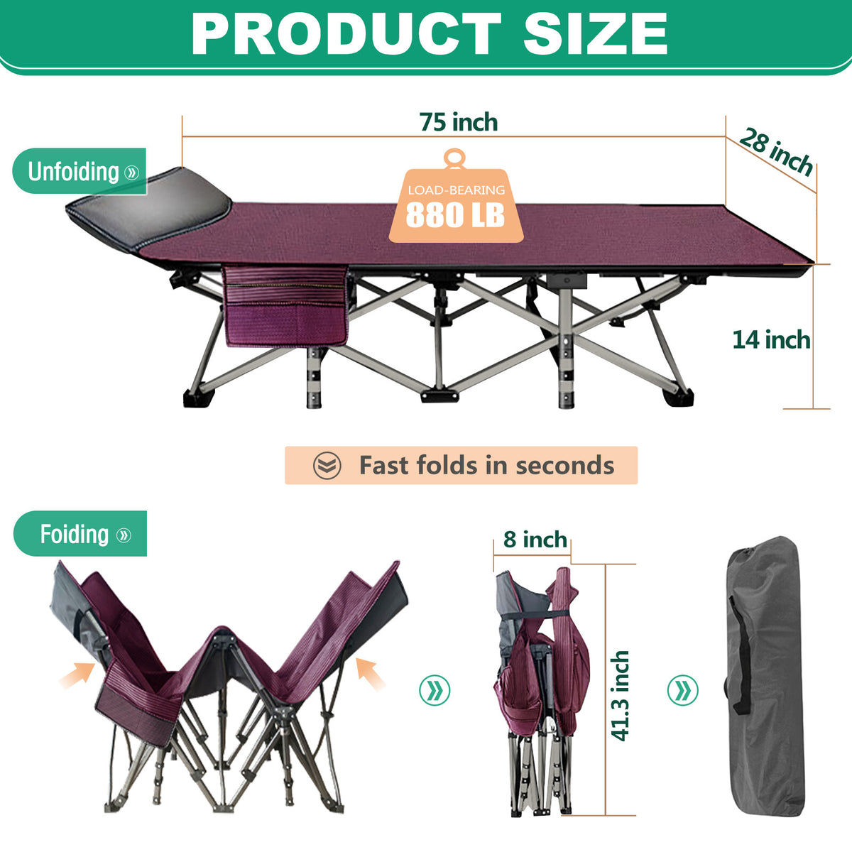 Heavy Duty Folding Camping Cot for Adults with Cotton Mat - Wide Sleep Bed