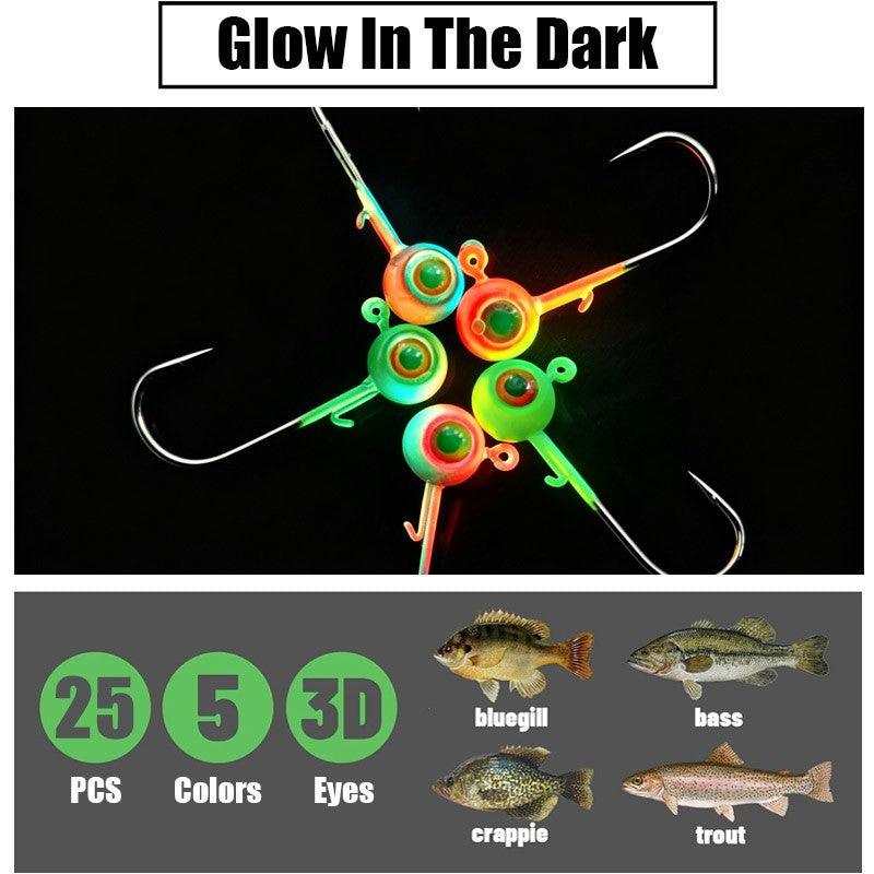 25Pcs Painted Crappie Jig Heads Fishing Hooks with 3D Eyes for Bass Trout Panfish