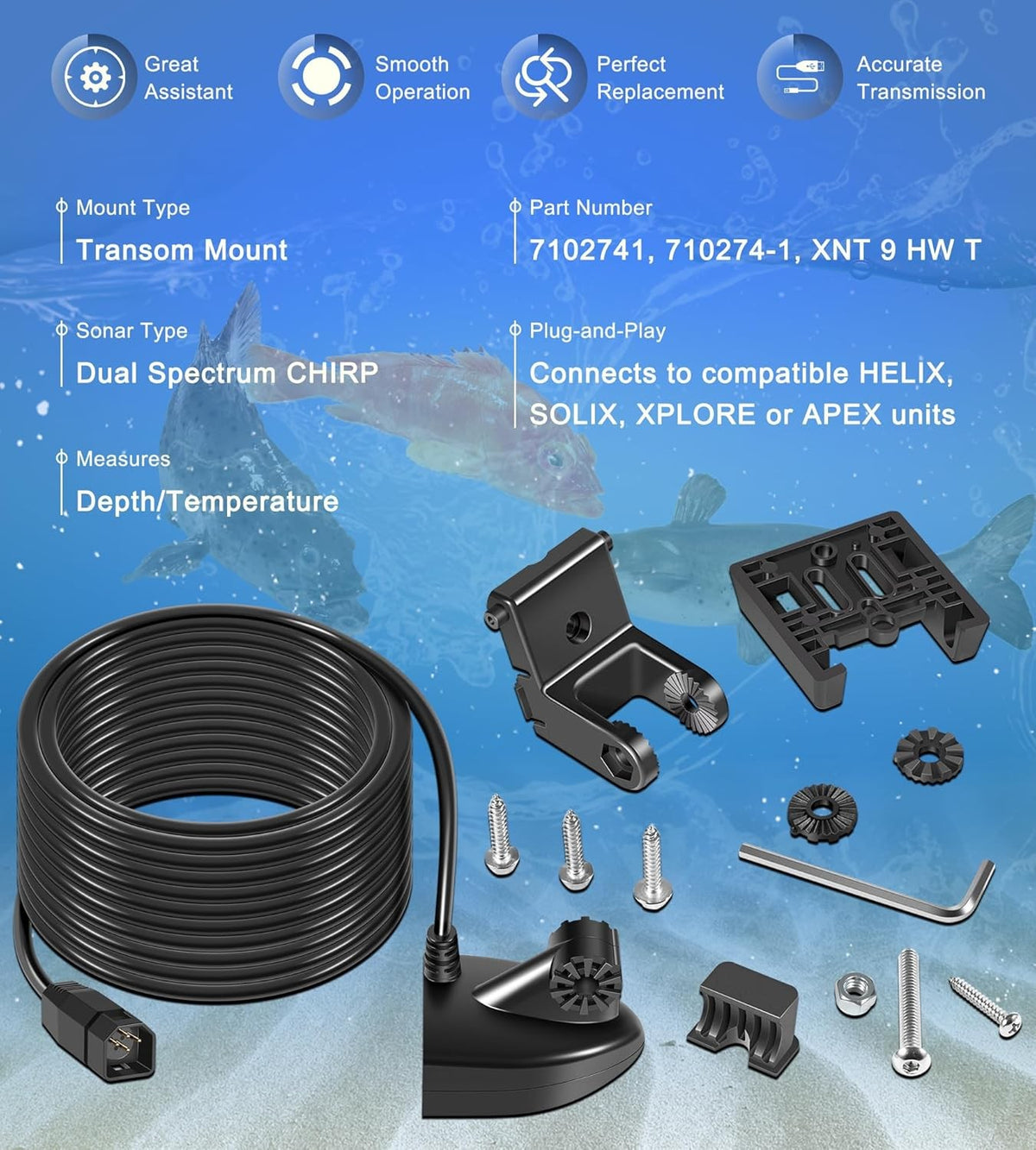 Transom Mount Fish Finder Transducer Compatible with Humminbird Helix Models - 20Ft Cable