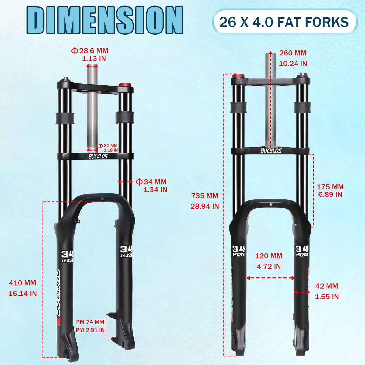 E-Bike Fat Tire Suspension Fork 180mm Travel Aluminum Coil Compatible with 20/26 Inch Bikes