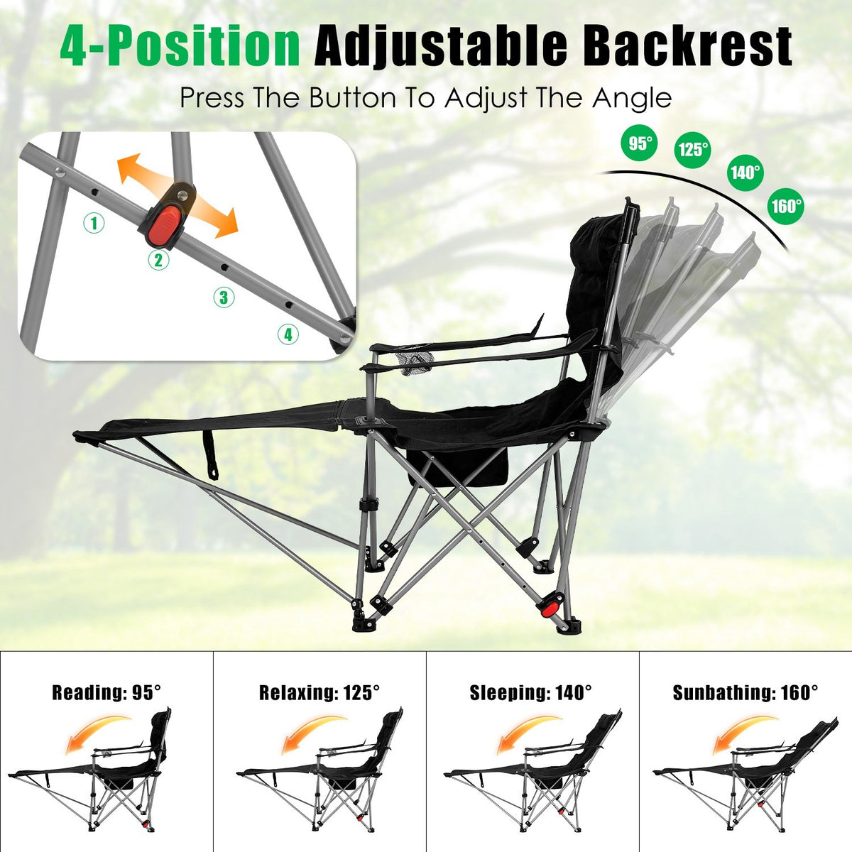 Heavy Duty Folding Camping Chair with Footrest 220lbs Portable Recliner