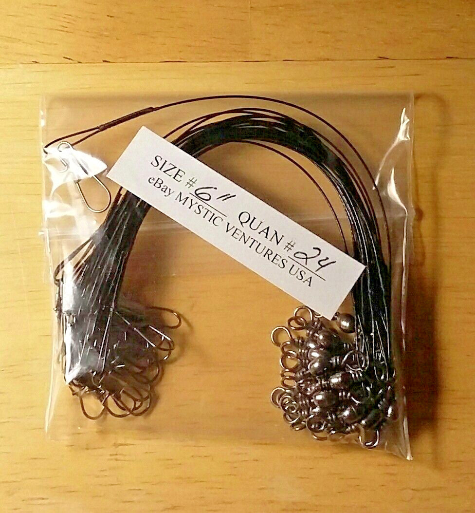 24ct 6-inch Black Steel Coated Braided Fishing Leaders 30lb Snaplock
