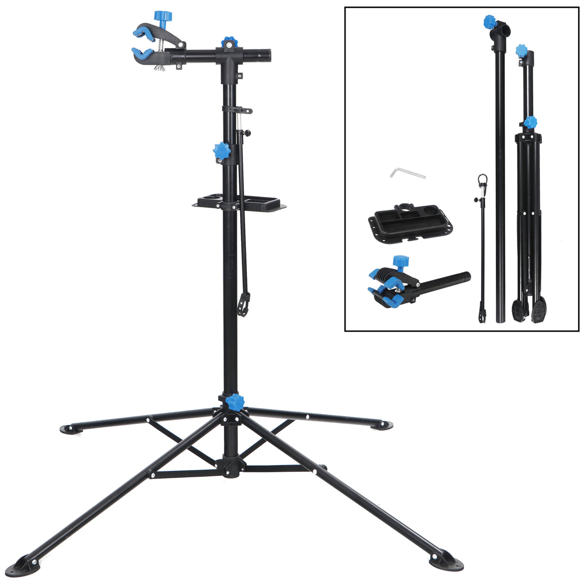 Adjustable Bicycle Repair Stand with Foldable Legs and Tool Tray