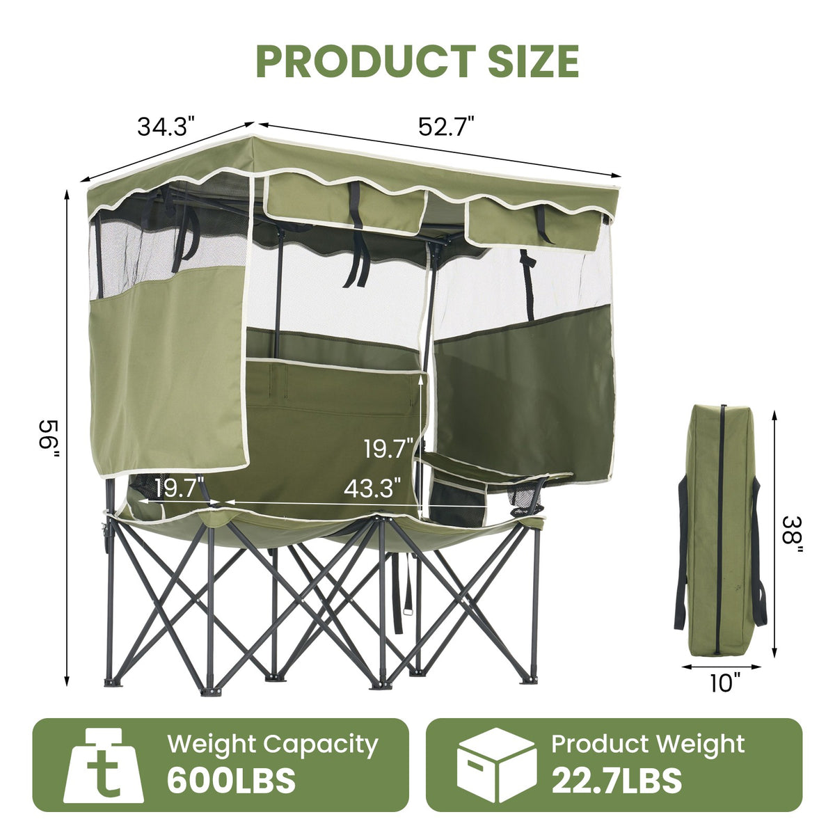 Double Camping Chair with Canopy Shade - Portable Outdoor Folding Seat for Beach & Picnic