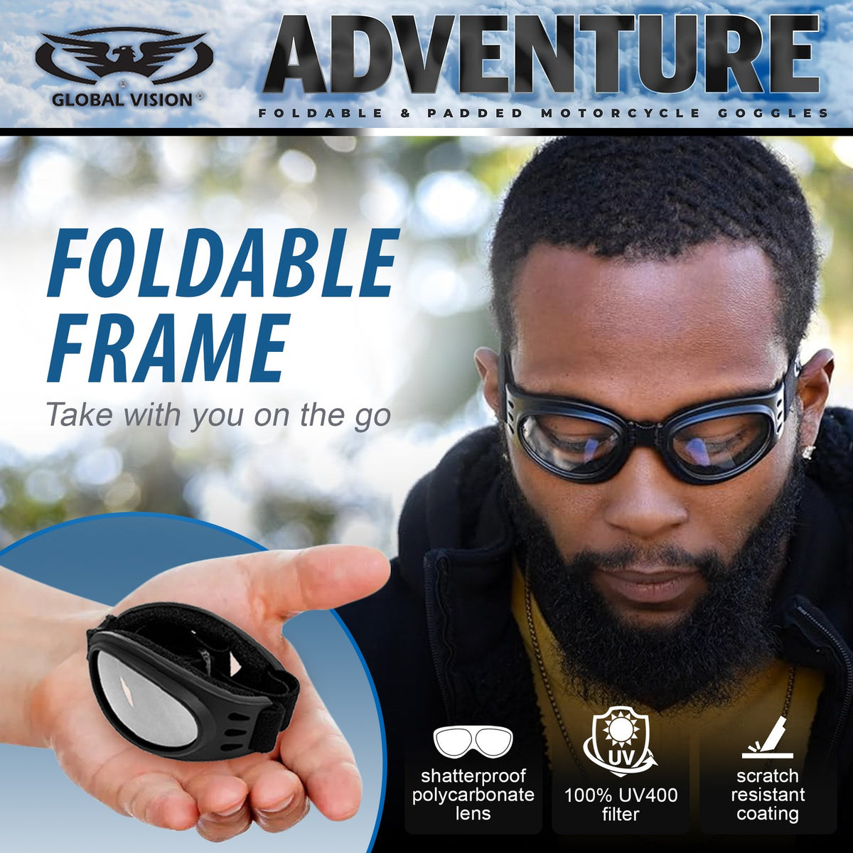 Motorcycle Goggles with Clear Lens and Foldable Frame - Durable Safety Gear