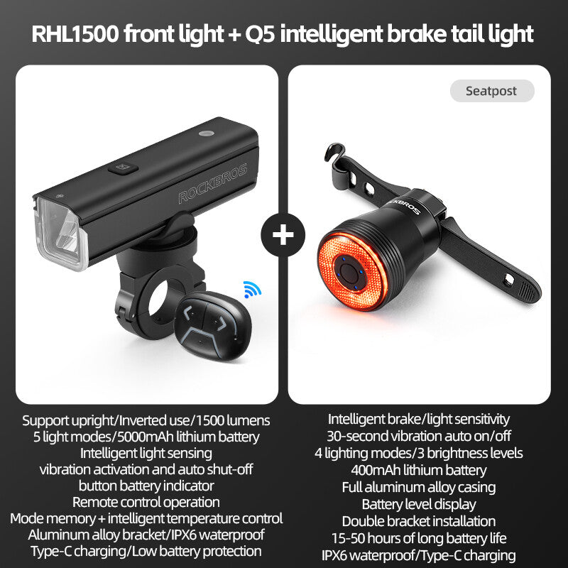 High Brightness Bike Front & Rear Light Set USB-C LED Headlight 1500LM