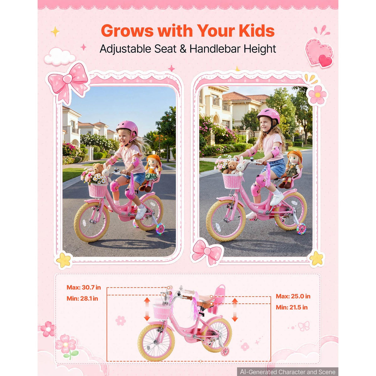 Kids' 16-Inch Bicycle with Training Wheels for Girls, Dual Brakes, Pink