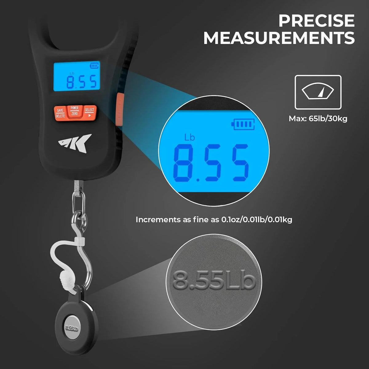 Digital Fish Scale 65lb Capacity USB Rechargeable Lightweight Portable