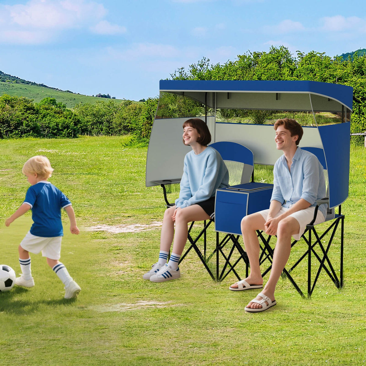 Double Beach Chair with Adjustable Canopy Oversized Folding Camping Chair Navy