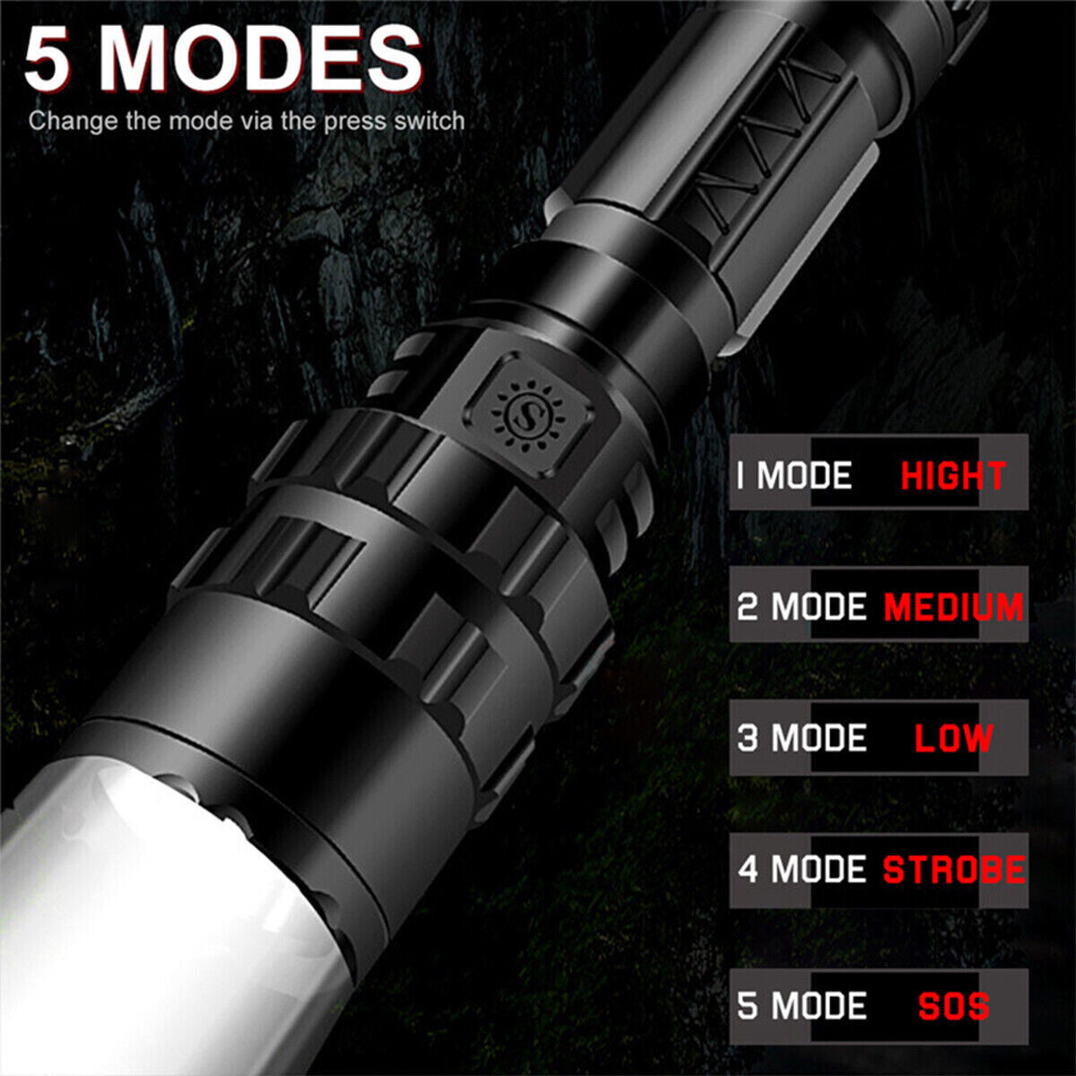 Super Bright Rechargeable Tactical LED Flashlight with 5 Modes Waterproof Portable Torch