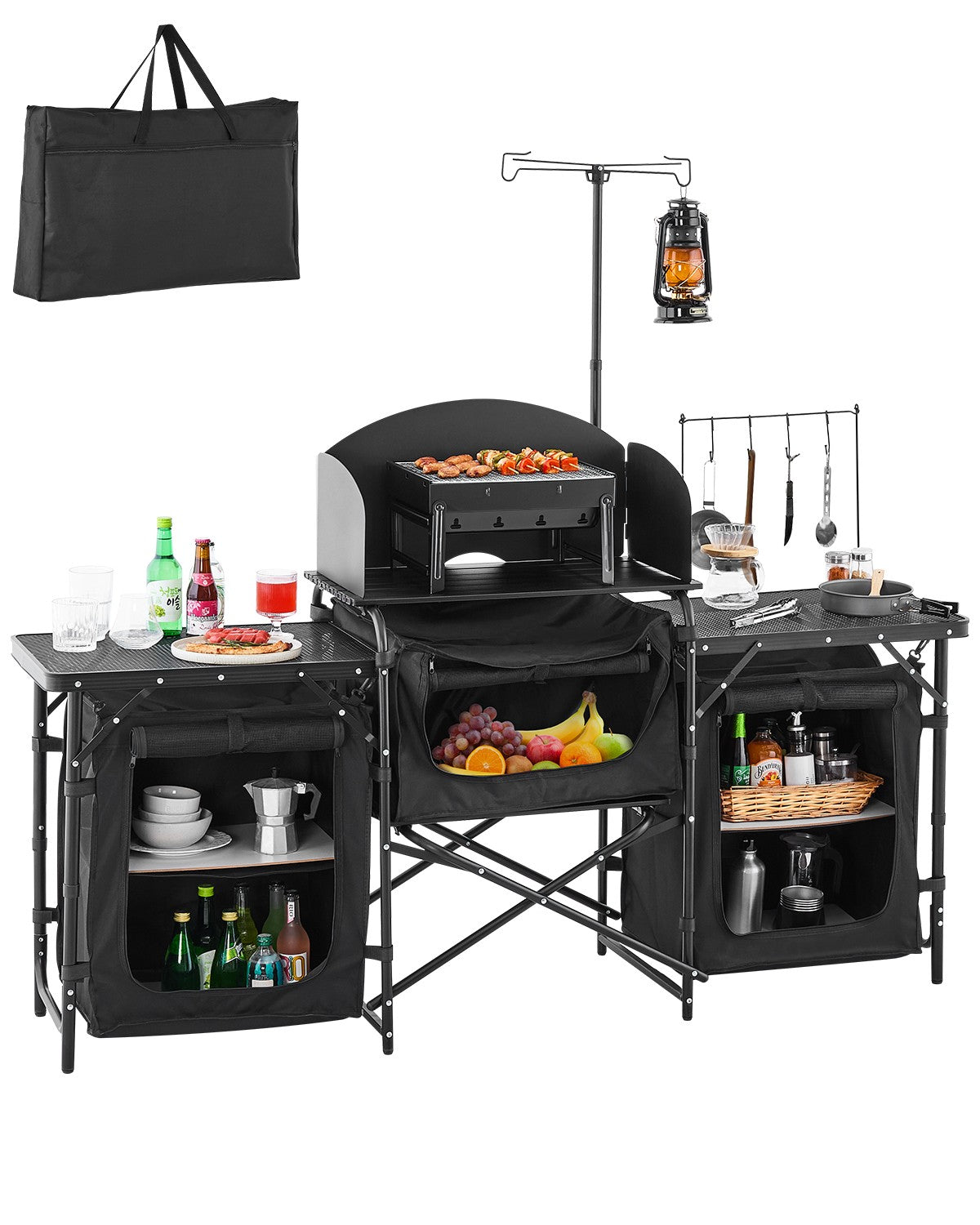 Portable Camping Kitchen Table with Windshield and Storage Compartments