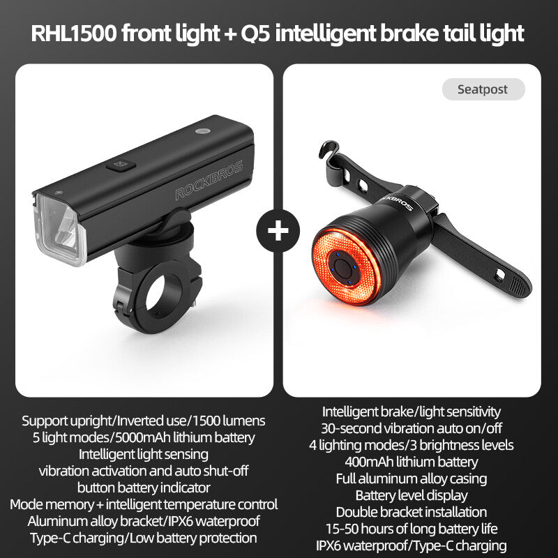 High Brightness Bike Front & Rear Light Set USB-C LED Headlight 1500LM